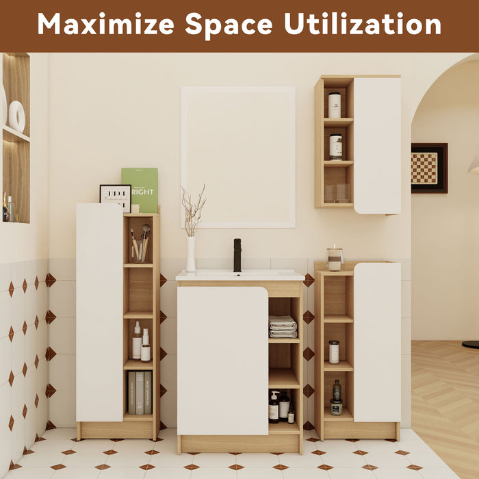 4 Piece Bathroom Vanity Set With Sink, Vanity Combo With Storage Cabinets - Black / Light Oak / White
