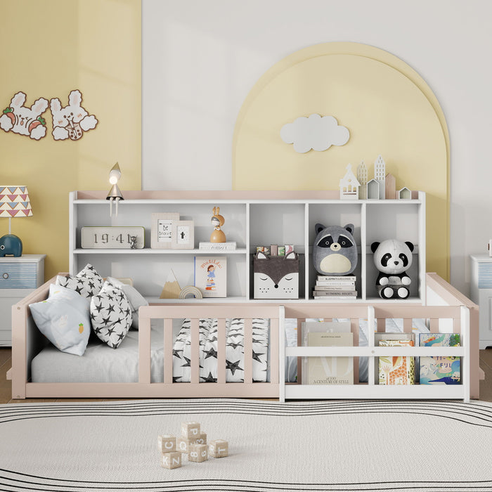 Platform Bed Frame With Guardrail, Storage Shelves & Bookshelf
