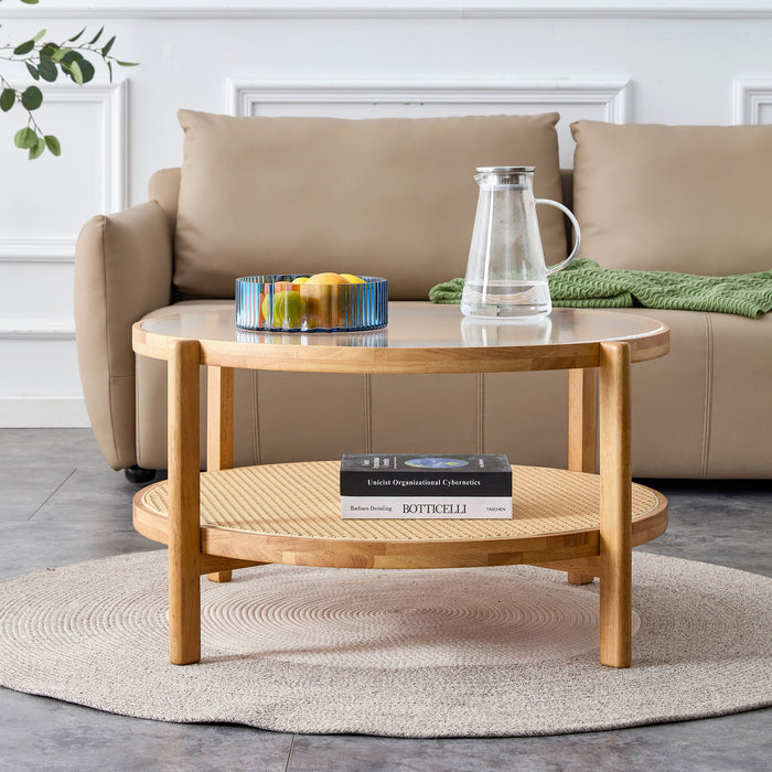 Modern Style Circular Double Layer Tea Table With Rattan Weave