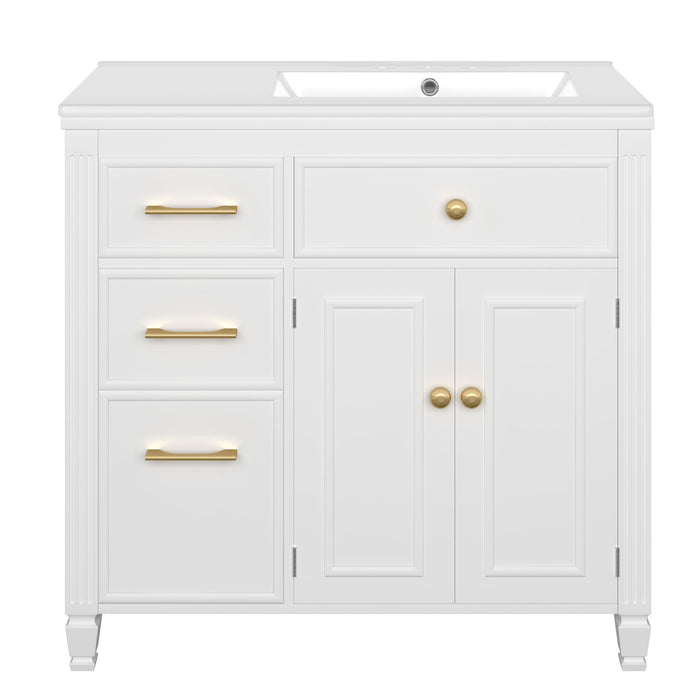 Modern Bathroom Vanity With Ceramic Sink, Freestanding, One Tip Out Drawer, 3 Side Drawers, Adjustable Shelf