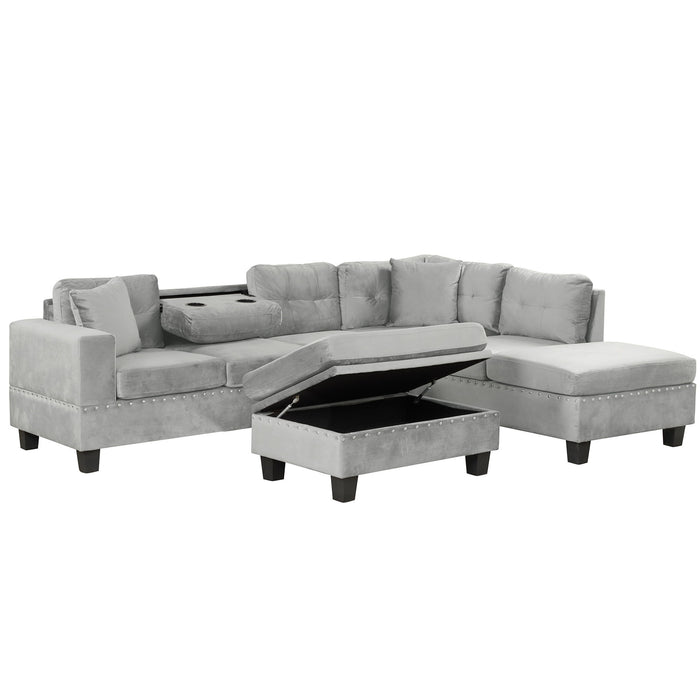 Modern Sectional Sofa With Storage Ottoman, L - Shape Couch With 2 Pillows And Cup Holders