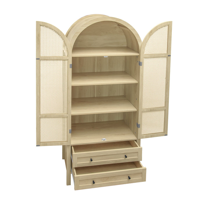Tall Arched Kitchen Pantry, Arched Storage Display Cabinet With 2 Drawers & Adjustable Shelves, Rattan Door Versatile Storage Cabinet For Kitchen, Dining Room, Living Room - Natural