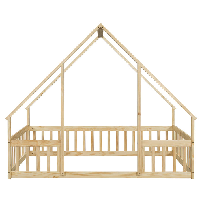 Wood House-Shaped Floor Bed With Fence, Guardrails