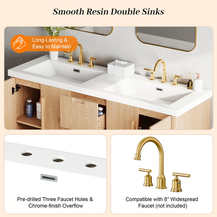 Double Sink Bathroom Vanity With Sinks, Soft Close Doors & 3 Drawers - Wood