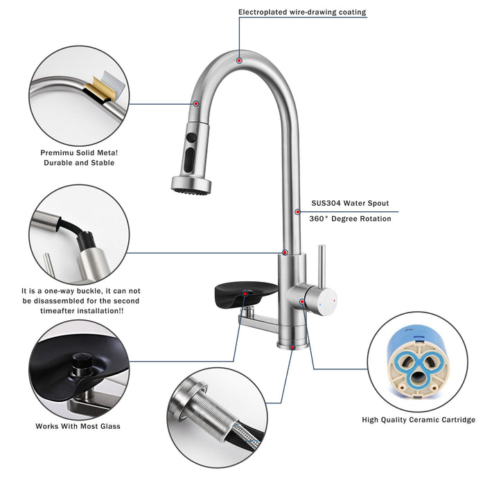 3 In 1 Kitchen Faucet With Press Type Glass Rinser, High Arc Pull Down Sprayer