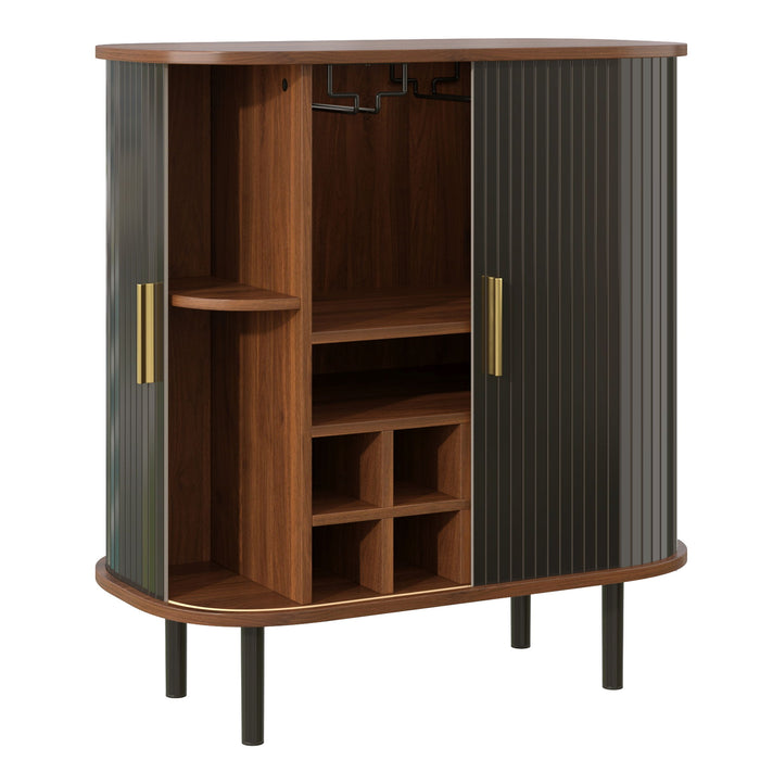 Fluted Wine Bar Cabinet With 8 Grid Wine Rack, 5 Level Adjustable Shelves, 2 Glass Holders