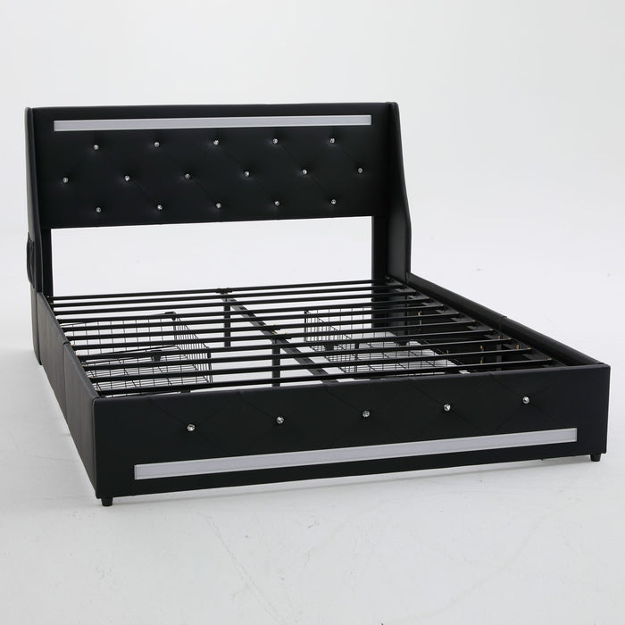 Wingback Upholstered Bed Frame With LED Lights, Charging Station
