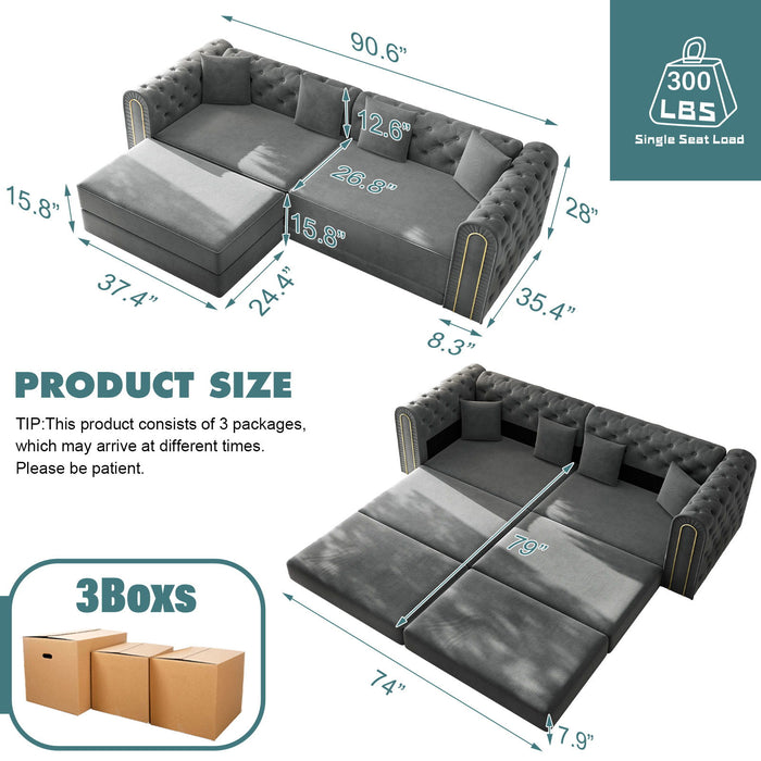 3-In-1 Convertible Sleeper Sofa With Movable Ottoman For Living Room