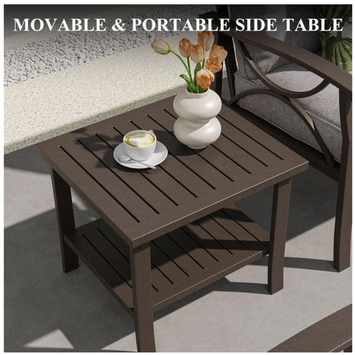 Square 2 Tier All-Weather Outdoor Side Table With Slatted Top