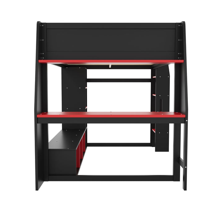 Gaming Loft Bed With Desk, Multi Storage Shelves, LED Lighting, And Hanging Clothes Rack