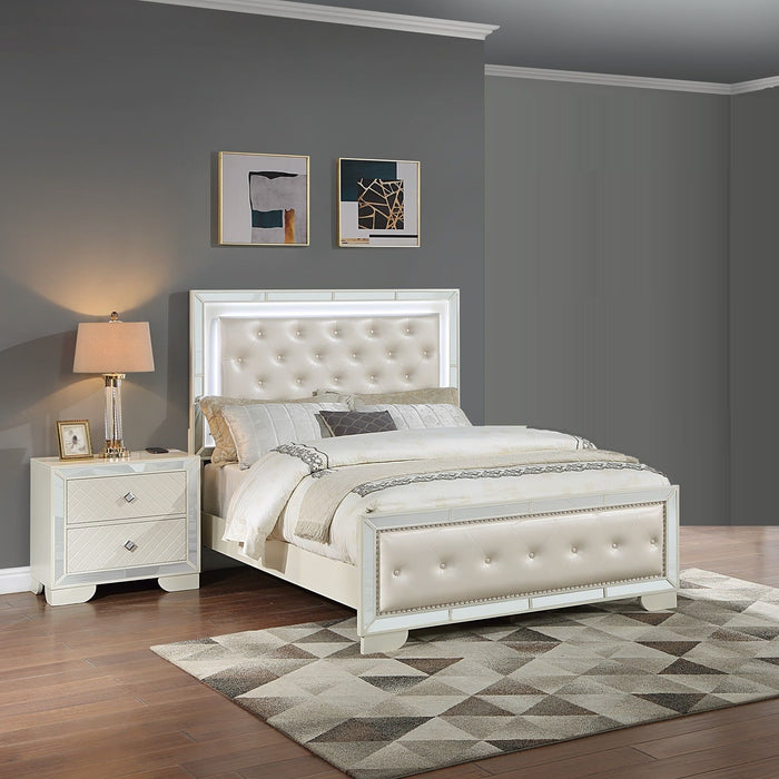 Eastern King Size Bed With LED Lights And Mirror Trim - Cream / Ivory