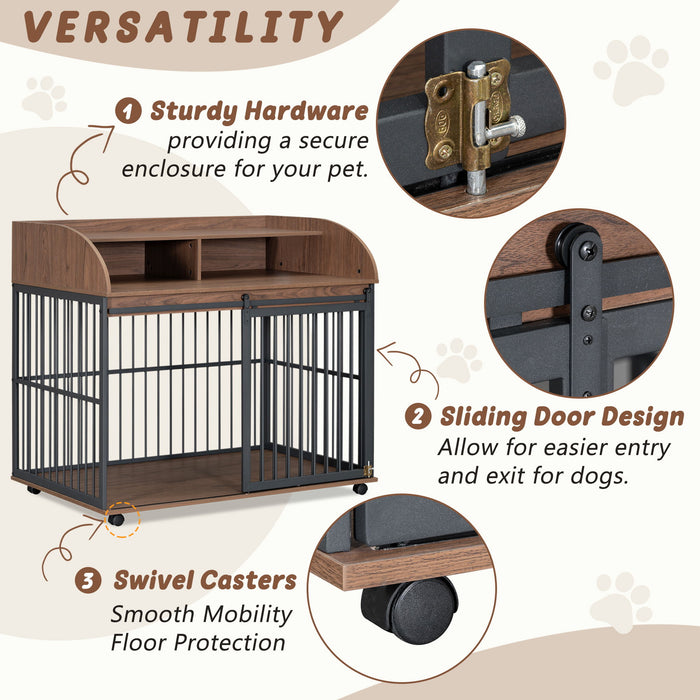 Heavy Duty Dog Crate Furniture For Medium Dog With Lockable Wheels, Wooden Dog Crate Dog Kennel, End Table Crate With Double Layer Storage
