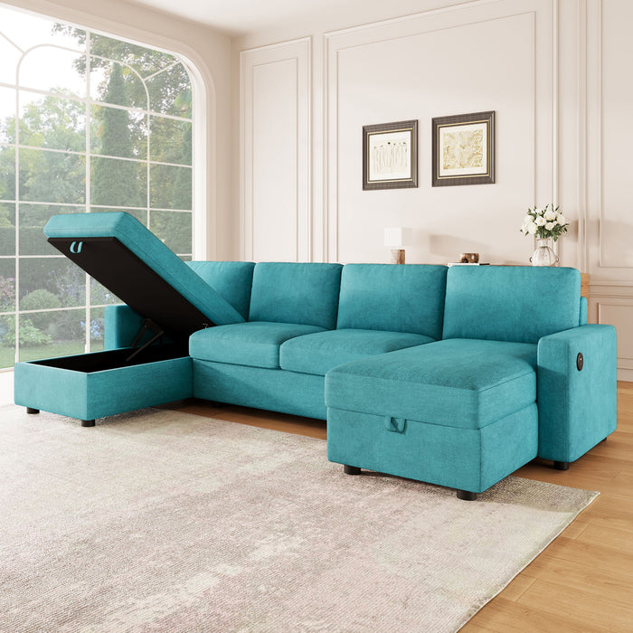 Convertible Sectional Sofa With Storage Chaise Lounges And USB Ports