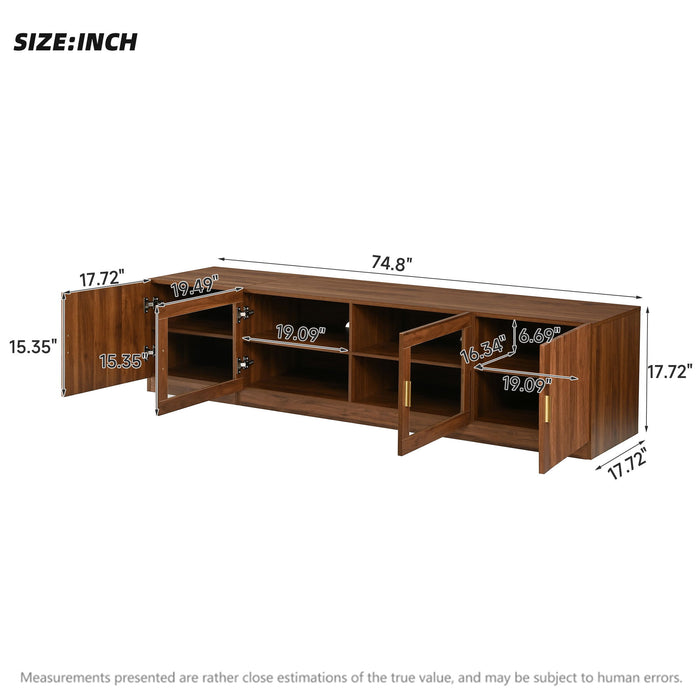 TV Stand, Media Console With Glass Doors And LED Lights, Adjustable Shelf Storage - Walnut
