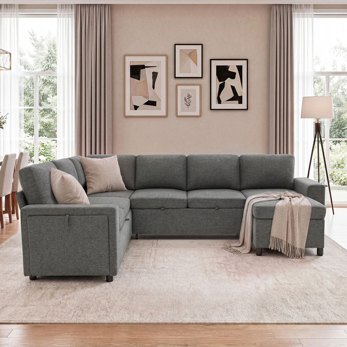 U - Shaped Convertible Sectional Sofa Bed With Storage, USB Charger & Cup Holders