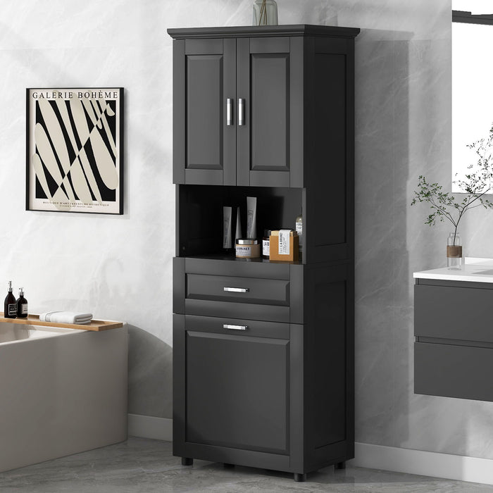 Tall Bathroom Cabinet With Tilt-Out Laundry Basket And Upper Storage