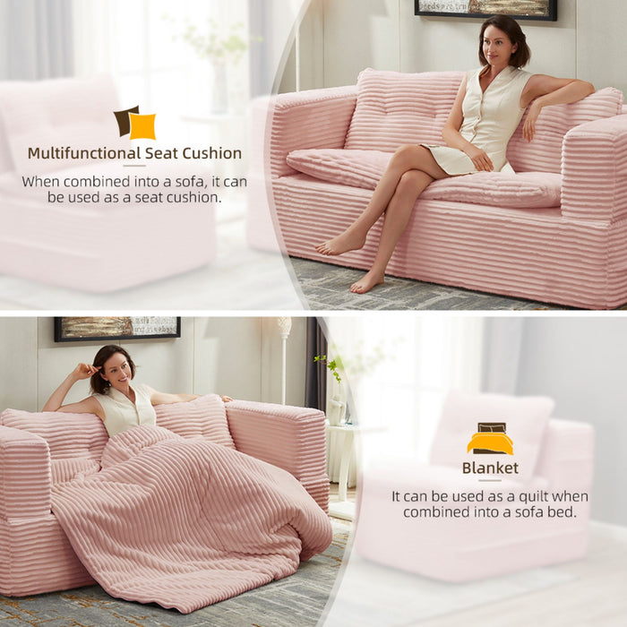 Multi Functional Sectional Sofa Bed With Independent Chaise Lounge And Functional Blanket, Convertible King Size Bed, Deep Seat - Baby Pink