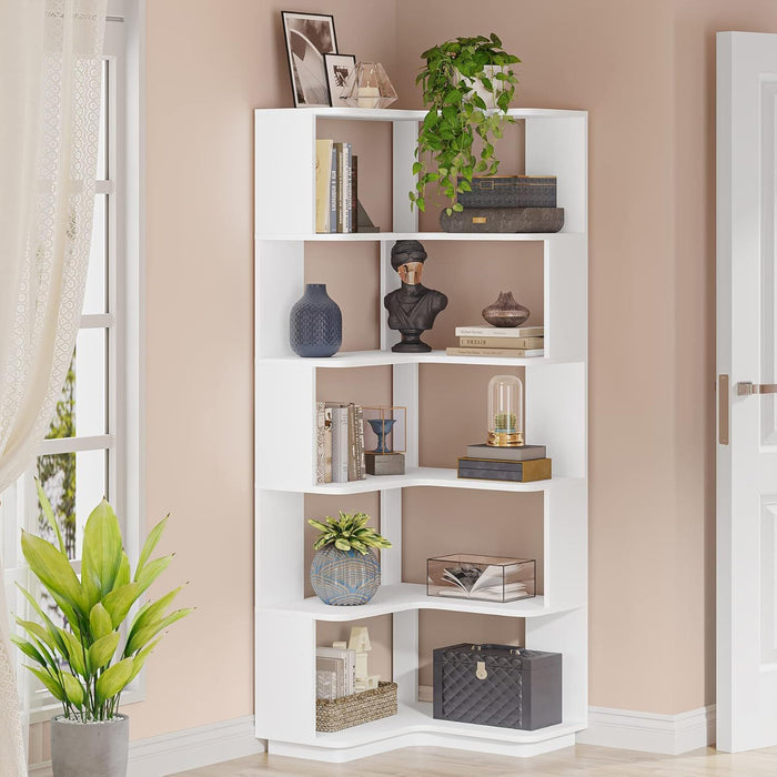 6 Tier Corner Bookshelf, L-Shaped Freestanding Shelf With Anti Drop Panels
