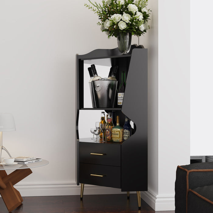 Corner Bar Cabinet With Mirrored Back, 2 Open Shelves & 2 Drawers, High Legs For Easy Cleaning