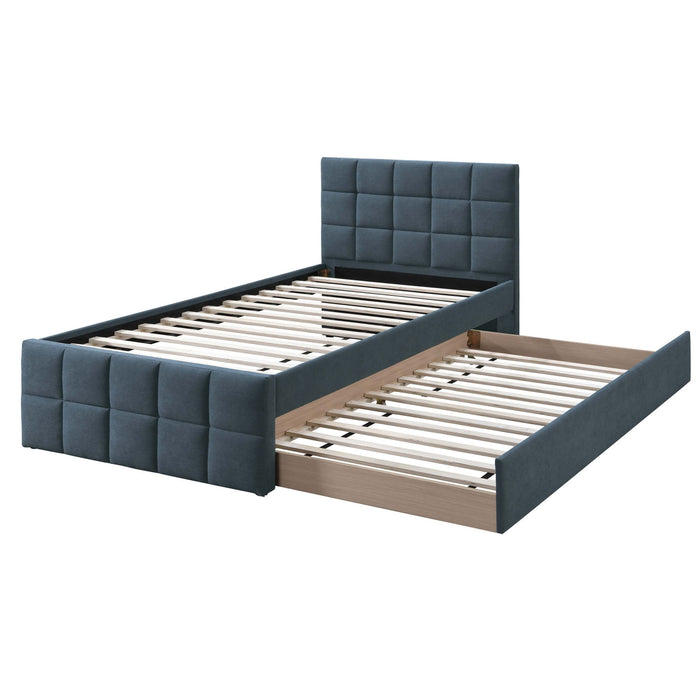 Contemporary Style Bed With Trundle Upholstered Headboard And Footboard Grid Pattern