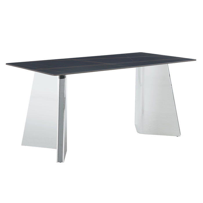 Modern Marble Patterned Dining Table With Stainless Steel Butterfly Legs, Scratch And Heat Resistant - Black / Silver