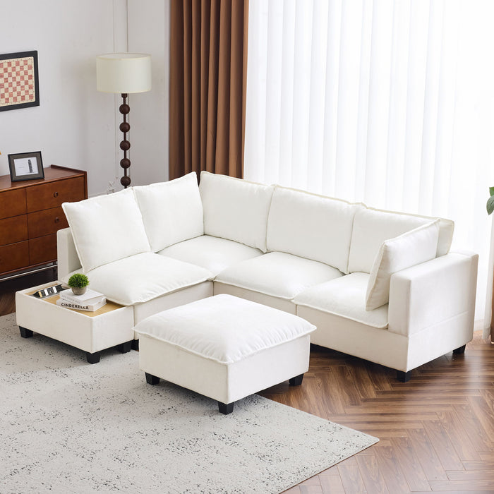 U-Shaped Sectional Modular Sofa With A Movable Ottoman, A Coffee Table With Hidden Charging Devices For Living Room