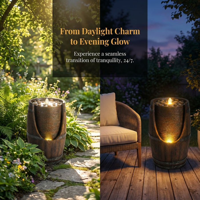 Rustic Barrel Water Fountain With LED Light