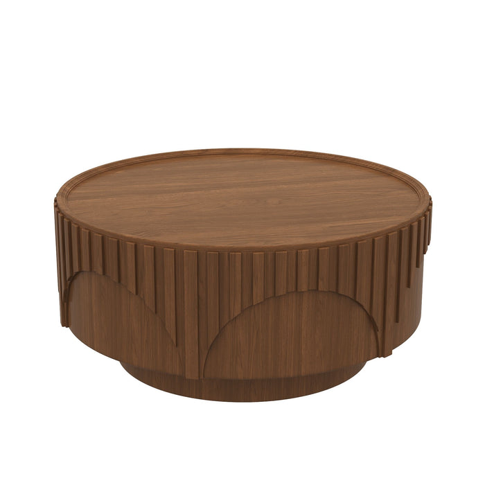 Round Fluted Drum Coffee Table With Sturdy Base For Living Room