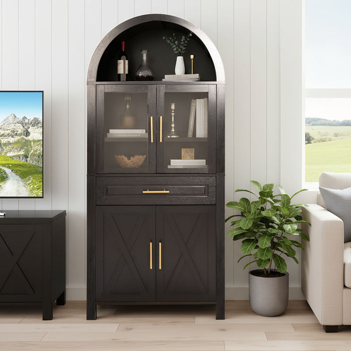 Arched Kitchen Pantry Cabinet With Adjustable Shelves & Barn Door Design