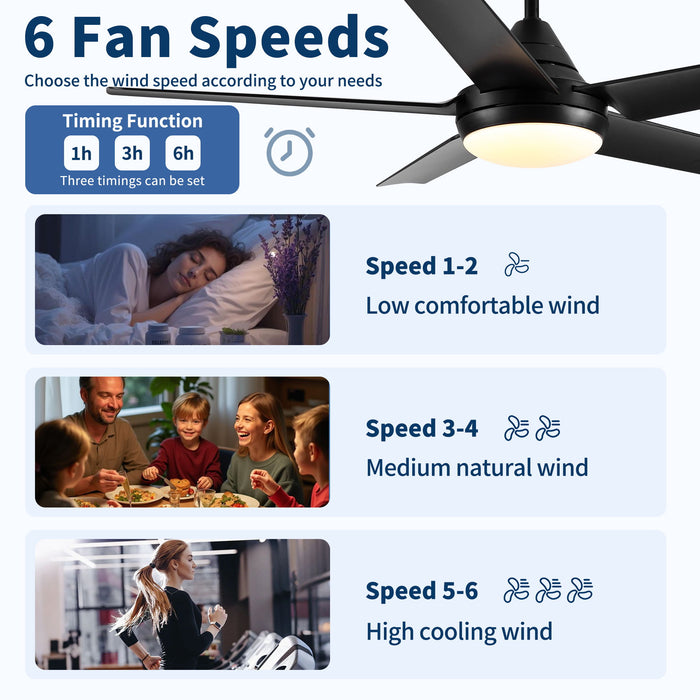Ceiling Fan With Lights And Remote Control, Reversible DC Motor, 6 Speeds, 3 Cct Dimmable LED, Quiet Timer For Indoor - Black