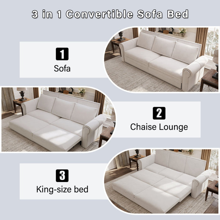 Pull Out Sofa Bed 3 In 1 Velvet Convertible Sleeper Sofa With Nailhead Trim & Rolled Arm, Multi Functional