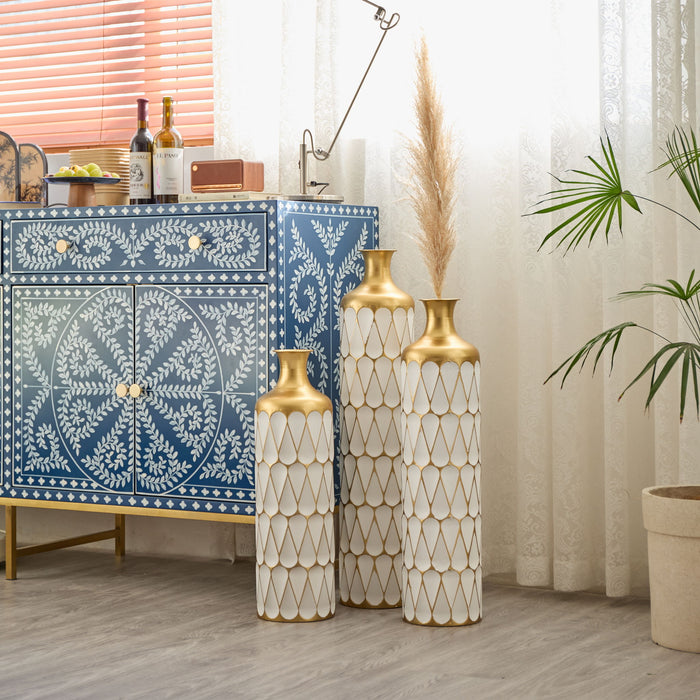 Floor Metal Vase Modern Style Decoration Home Droplet Shaped Metal Vase 3 Piece Set Gorgeous Home Decoration Large Glazed Metal Vase - Gold / White