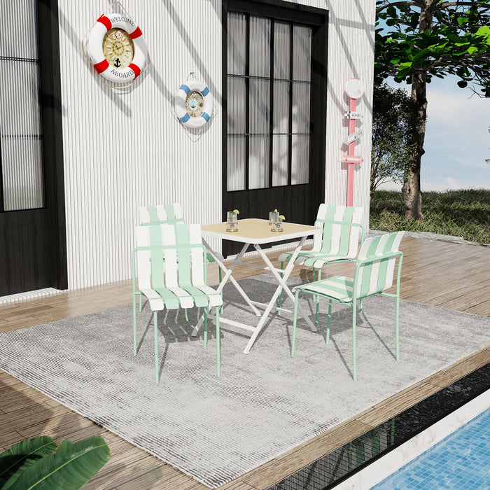 4 Piece Set Of Color Block Designed Single Chairs, Folding Square Table - Haze Green / Khaki / White