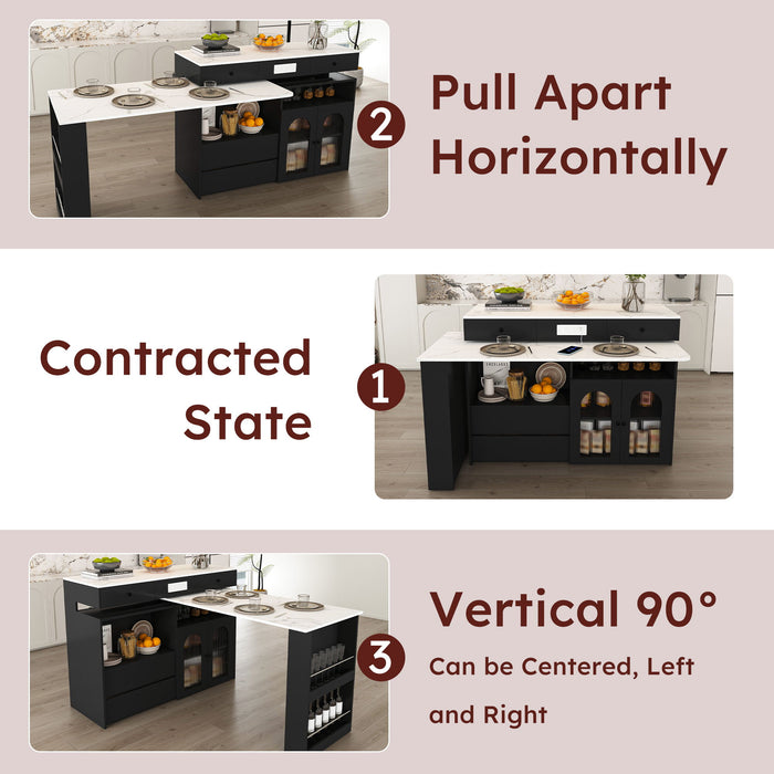 Retro Kitchen Island Set With Chairs, Extendable & Rotating Table, 4 Drawers & Door Cabinets