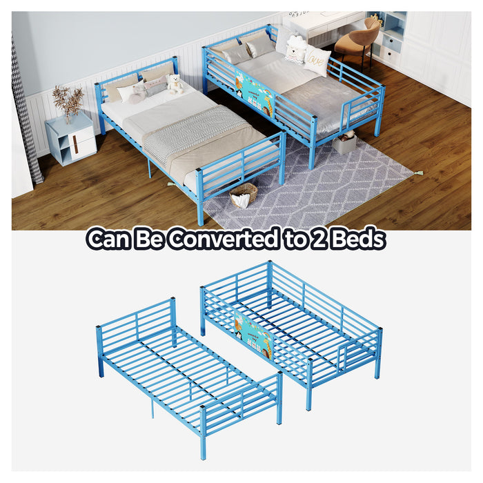 Bunk Bed, Convertible To 2 Separate Twin Size Beds With Full Length Guardrail & Ladder, No Box Spring Needed - Blue
