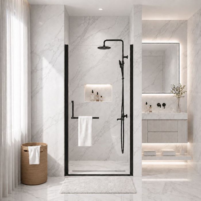 Semi-Frameless Pivot Shower Door With Adjustable Width, Reversible Installation
