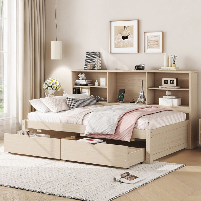 Bed Frame With Side Bookshelves, 2 Drawers, And Built In USB Port