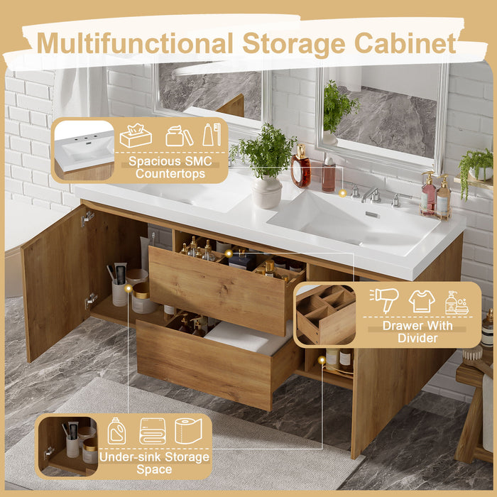 Double Sink Bathroom Vanity, Cabinet & Soft Close Doors, Divided Drawers, Wall Mounted Storage - Wood