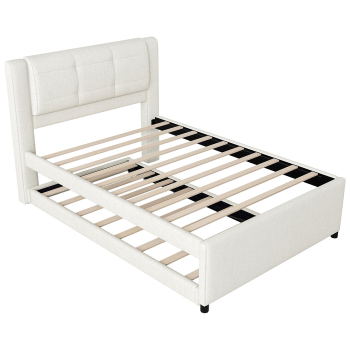 Full Size Upholstered Platform Bed With Adjustable Trundle - Beige
