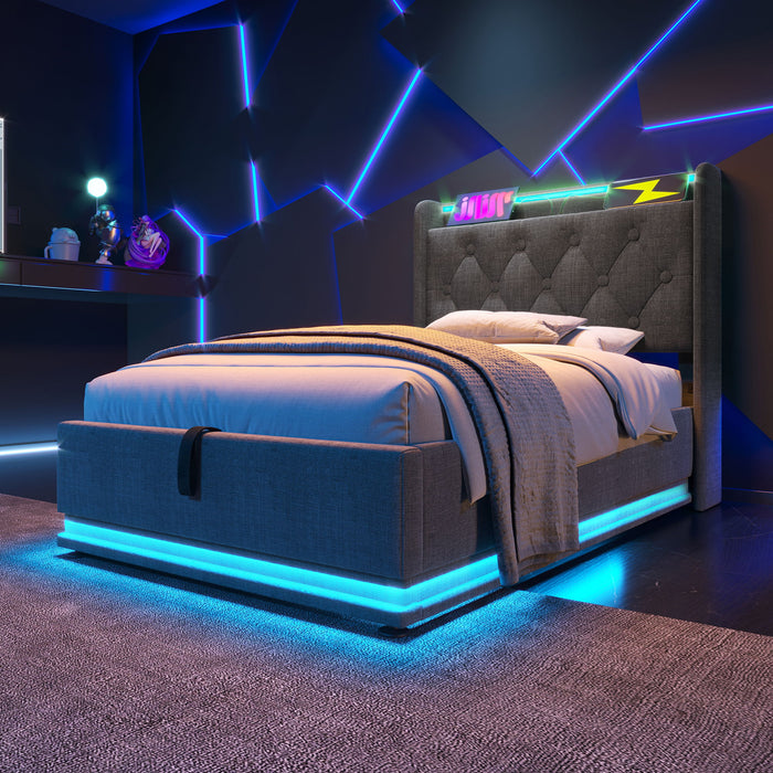 Upholstered Bed, 360 Surround LED Function, Remote Control, Hydraulic Storage Bed With USB, Type-C Charging (Without Mattress)