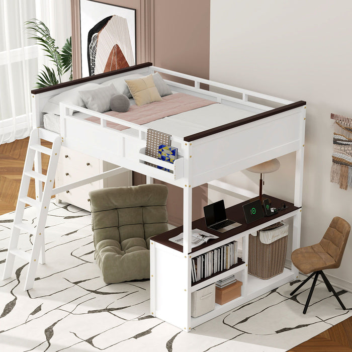 Queen Size Loft Bed With Desk, Open Shelf, Storage Box And USB Charging Station - White