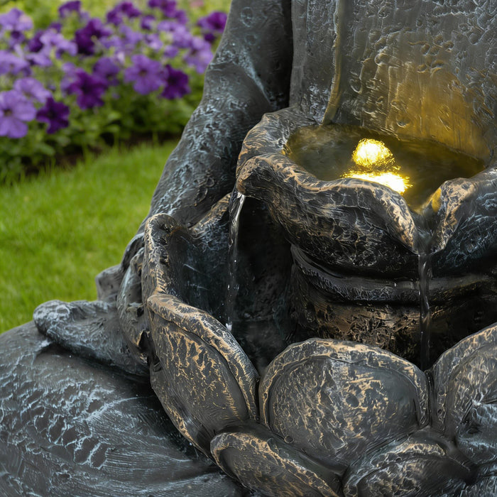 Zen - 2 Tier Meditating Buddha Water Fountain With Pump & LED Light - Gray