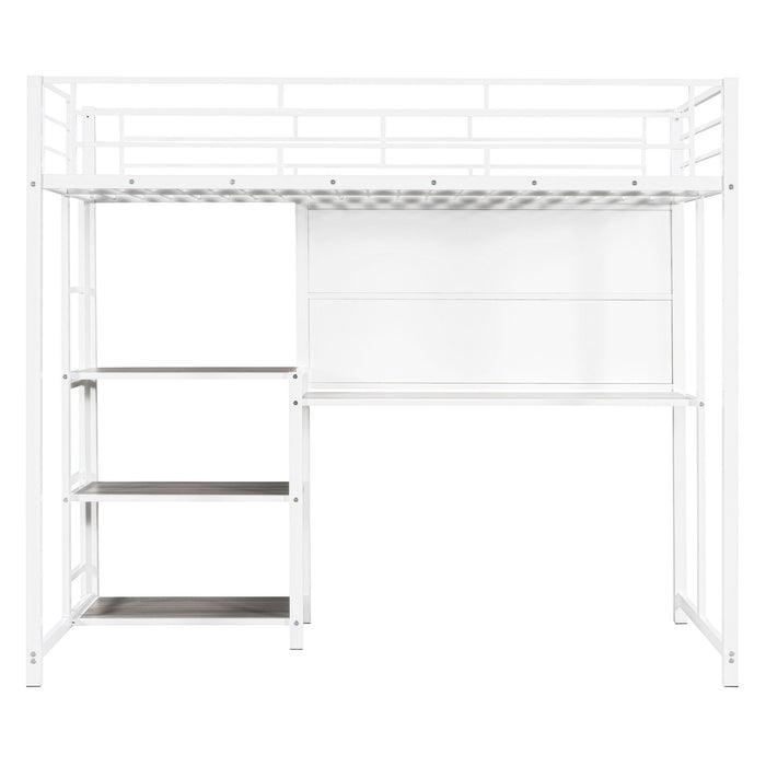 Metal Loft Bed With Desk, 3 Shelves And Ladder