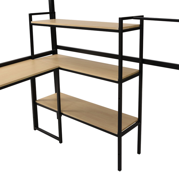 Full Size Loft Bed With Staircase, Built In Desk And Shelves And Sleeping Surface - Black