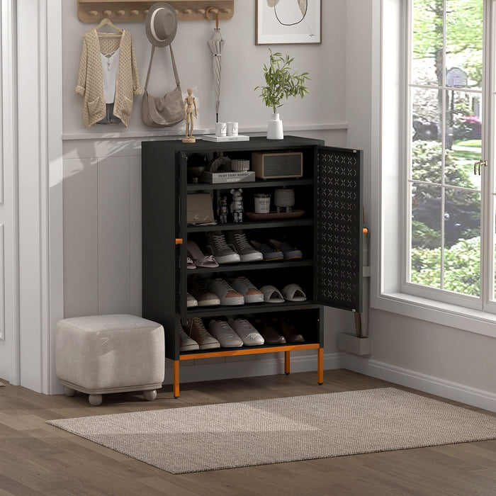 Grid Double Door Shoe Cabinet With Adjustable Compartments And Moisture-Proof Design In White Metal