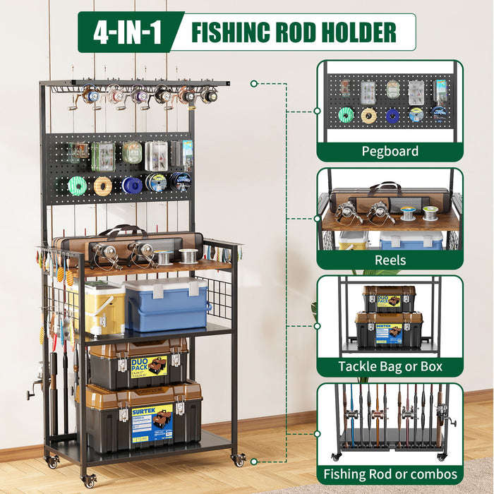 Fishing Rod Storage Rack With Pegboard, Rolling Tackle Organizer Cart - Black