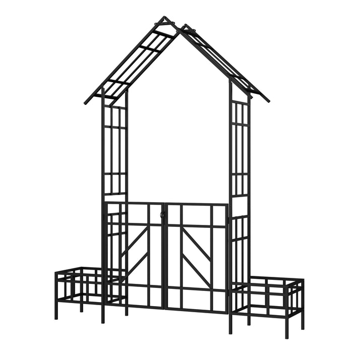 Garden Arch With Gate With Planter, Climbing Plants Support Outdoor - Black