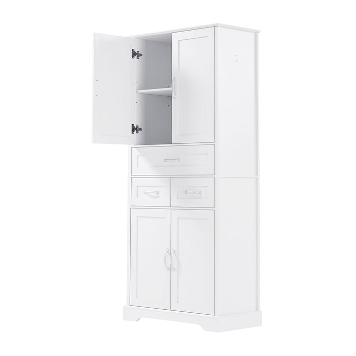 Tall Bathroom Storage Cabinet With 4 Doors 3 Drawers Adjustable Shelves - White