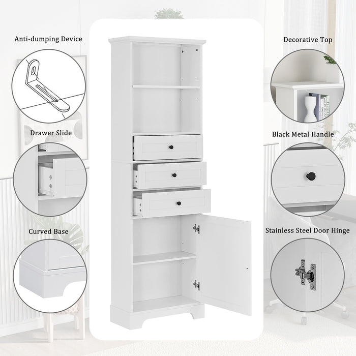 Tall Storage Cabinet With 3 Drawers And Adjustable Shelves For Bathroom