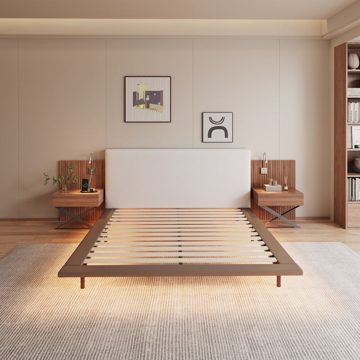 Floating King Size Bed With Integrated Side Tables And Smart Lighting - Beige Gray / White